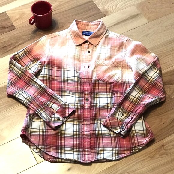 Upcycled Bleached Flannel Shirt, Women’s Size Small: Inspirational, Red Plaid - Picture 5 of 10